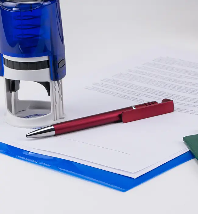 a pen,visa applcation form and seal