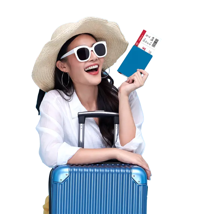 a lady traveller wearing sunglass and hat showing passport,visa and flight ticket