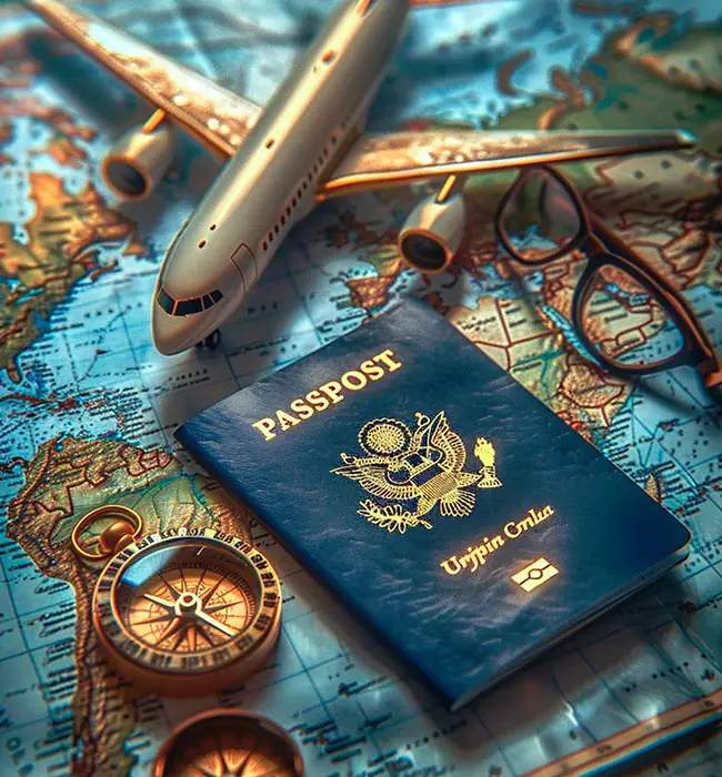 passport, compass and world map