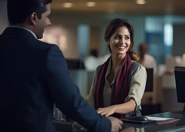 Two individuals at a reception desk, one behind it assisting the other, in an office setting.