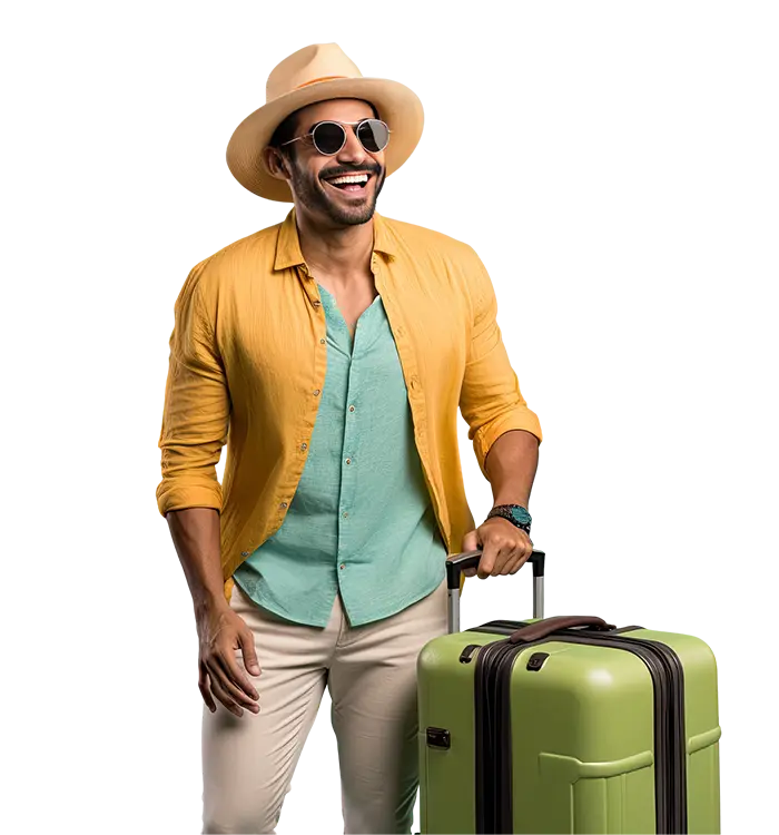 Person in yellow shirt and straw hat holding a green suitcase, ready for travel, isolated on black background.